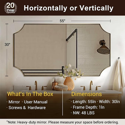 Scalloped 30"x55" Gold Mirrors for Bathroom Sink | Anti-Rust Stainless Steel Frame, Vertical & Horizontal Hang, Elegant Home Accent, Ideal for Large Bathroom & Powder Room