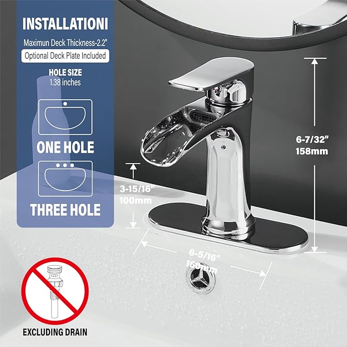 Yundoom Chrome ,Bathroom Sink Faucet,Waterfall Bathroom Faucet,Single Hole Or 3 Hole with 4 Inch Deck Plate,Farmhouse Rv Brass ,Grifo De BañO