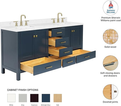 DKB Beckford 72 Inch Bathroom Vanity Double Sink — Midnight Blue Bathroom Vanity with Sink, 1.5" Edge Carrara White Quartz Countertop & Backsplash, 4 Soft-Close Doors, 6 Dovetail Drawers