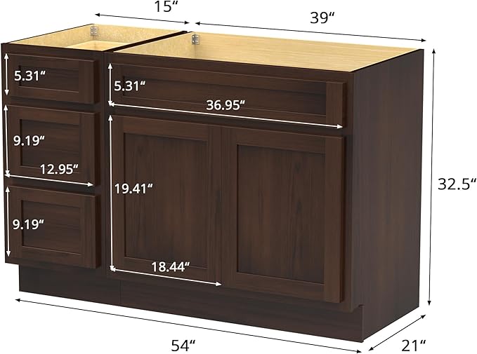 Vanity Art 54 inch Bathroom Vanity Base Only, Single Bathroom Vanity Cabinet with Soft Closing Shaker Drawer, Sturdy Floor Mounted Storage Cabinet Organizer for Bathroom, Brown, VA4039+VA4015-3