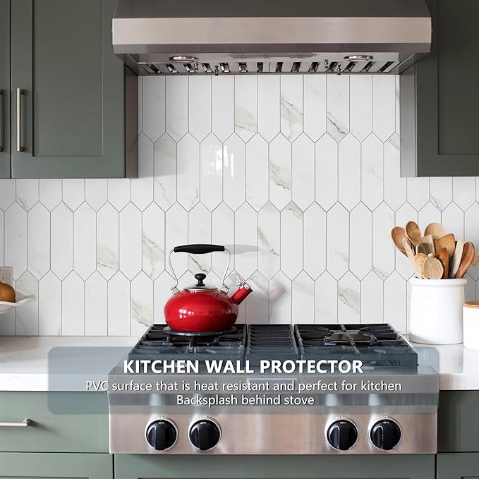 Vamos Tile Glossy White Marble Backsplash Tile Peel and Stick, 12.8 x 12.8 Inch 10 Sheets Long Hexagon PVC Self Adhesive Mosaic Wall Tiles Stick on Backsplash for Kitchen and Bathroom