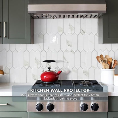 Vamos Tile 1 Sheet Glossy White Marble Backsplash Tile Peel and Stick, 12.8 x 12.8 Inch Long Hexagon PVC Self Adhesive Mosaic Wall Tiles Stick on Backsplash for Kitchen and Bathroom
