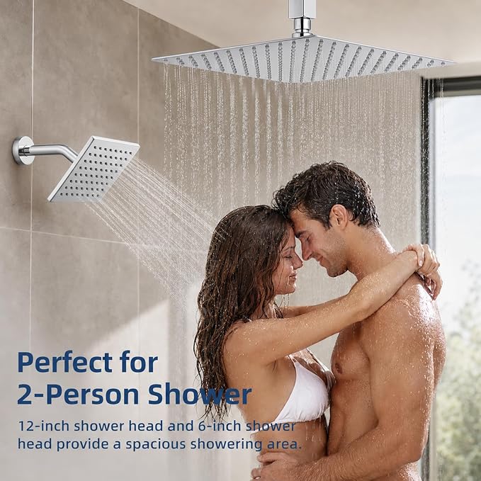 Thermostatic Dual Shower Head System, Chrome Shower Faucet | 12 Inch Ceiling Rainfall Shower, 6 Inch Wall Mount Head, High Pressure Handheld Sprayer, Push Button Valve