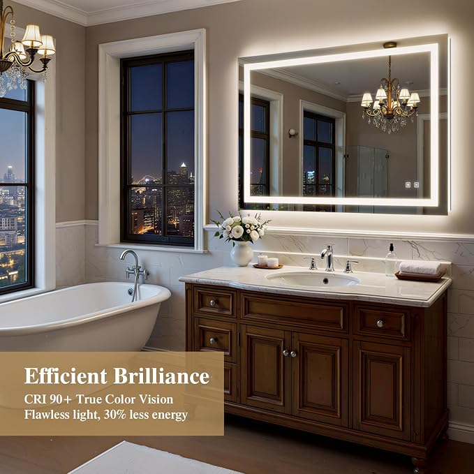 48X36 Inch Frontlit+ Backlit LED Bathroom Mirror with Lights | Bathroom Vanity Mirror for Wall, Ultra-Clear Tempered Glass, Shatter-Proof, Anti-Fog and Memory Function, ETL Listed