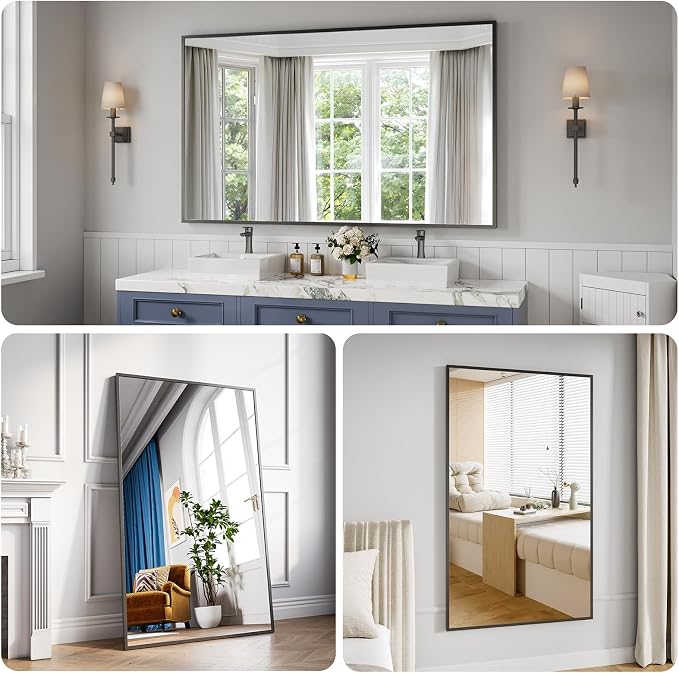 Bathroom Mirror 36x60 Matte Black Rectangle Bathroom Wall Mirror for Over Sink, Modern Large Vanity Mirror, HD Tempered Glass, Anti-Rust Aluminum Alloy Frame, for Living Room, Bedroom, Entryway