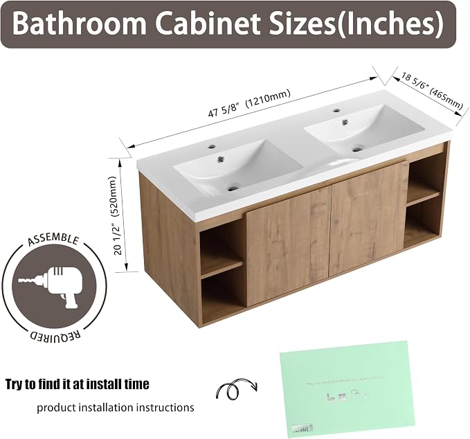 48" Wall Mounted Bathroom Vanity with Double Sink, Imitative Oak | 48 Inch Modern Floating Cabinet with Center Open Shelf & Soft-Close Doors, 2 Resin Basins