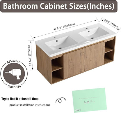 48" Wall Mounted Bathroom Vanity with Double Sink, Imitative Oak | 48 Inch Modern Floating Cabinet with Center Open Shelf & Soft-Close Doors, 2 Resin Basins