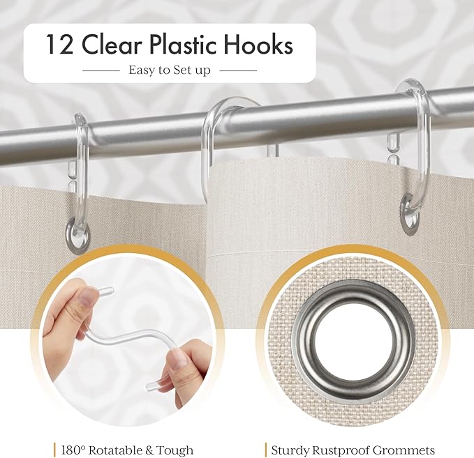 AmazerBath Boho Shower Curtain, Modern Farmhouse Shower Curtain Set with Tassels, Rustic Faux Linen Navy Blue Striped Shower Curtain with Hooks, Light Tan Toned, 72x72 Inches