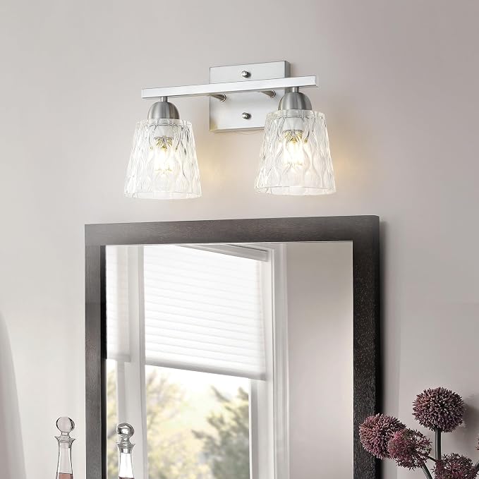 Mecgirn Stainless Steel Bathroom Vanity Light Over Mirror, 2 Light Brushed Nickel Bathroom Light Fixtures with Textured Glass Shades, Modern Vanity Lighting Wall Mount