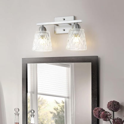 Mecgirn Stainless Steel Bathroom Vanity Light Over Mirror, 2 Light Brushed Nickel Bathroom Light Fixtures with Textured Glass Shades, Modern Vanity Lighting Wall Mount