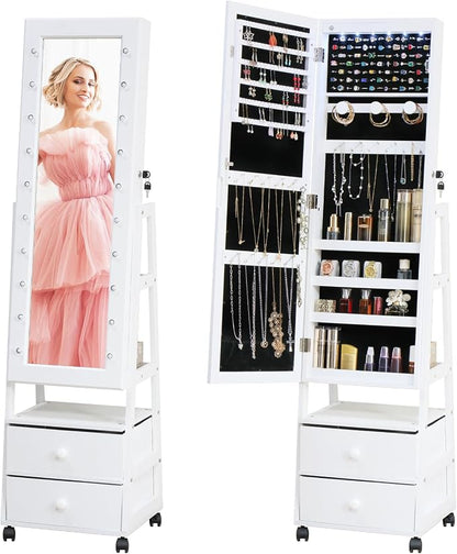 Jewelry Armoire Cabinet Organizer Standing with 20 LED Lights | Lockable Full Length Mirror with Storage Shelves and 2 Drawers (White) Adjustable Tilt Angles Gift for Her
