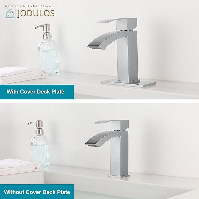 Brushed Nickel Bathroom Faucet Single Handle, Waterfall Faucet for Bathroom Sink Single Hole with cUPC Supply Hose and Pop Up Drain