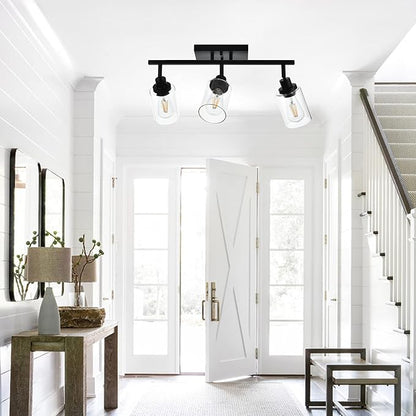 MELUCEE 3 Light Bathroom Vanity Light Black Track Lighting Fixtures Ceiling, Vanity Lighting Fixtures with Rotatable Track Head for Hallway Porch Foyer Bath Storage, Clear Glass Shade