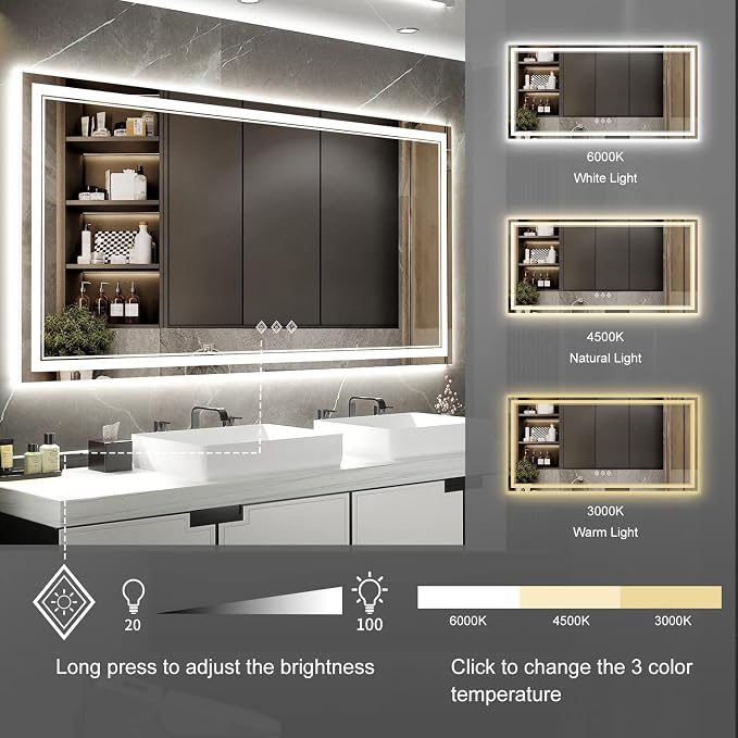 LED Bathroom Mirror with Lights, 72x36 Inch Gradient Front and Backlight LED Mirror, 3 Colors Dimmable CRI>90 Double Light, IP54 Enhanced Anti-Fog, Hanging Plates Wall Mount Bathroom Mirror