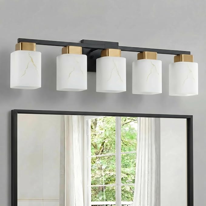 5-Light Square Bathroom Light Fixture, Black and Gold Modern Vanity Light with White Marble Glass Shade, for Bathroom Mirror, Living Room, Bedroom, Hallway, E26 Base