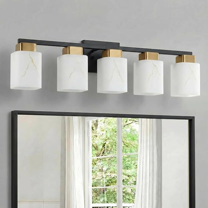 5-Light Square Bathroom Light Fixture, Black and Gold Modern Vanity Light with White Marble Glass Shade, for Bathroom Mirror, Living Room, Bedroom, Hallway, E26 Base