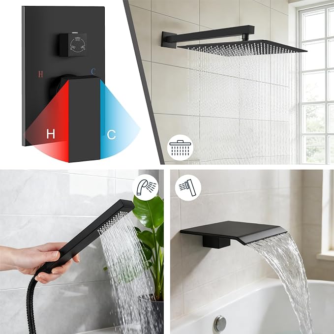 Midanya Shower System with Tub Spout,16 Inch Shower Head,Matte Black | with Valve & Trim Kit,Square Rain Head,Handheld Sprayer,Waterfall Spout,All Metal Wall Mount Bathroom Shower Tub Faucet Set