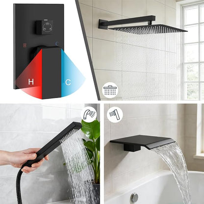 Midanya Shower System with Tub Spout,16 Inch Shower Head,Matte Black | with Valve & Trim Kit,Square Rain Head,Handheld Sprayer,Waterfall Spout,All Metal Wall Mount Bathroom Shower Tub Faucet Set