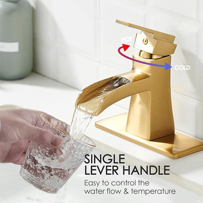 Brushed Gold Bathroom Sink Faucet, Sanliv Single Hole Waterfall Bathroom Faucet for 1 or 3-Hole Sinks (4 Inch Centerset) One Handle Vanity Faucets with Pop Up Drain, Champagne Bronze