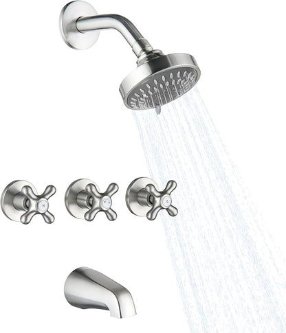 3 Handle Shower Faucet Set with Tub Spout Brushed Nickel Tub and Shower Trim Kit Bathtub Shower Faucets Completes Three Knob