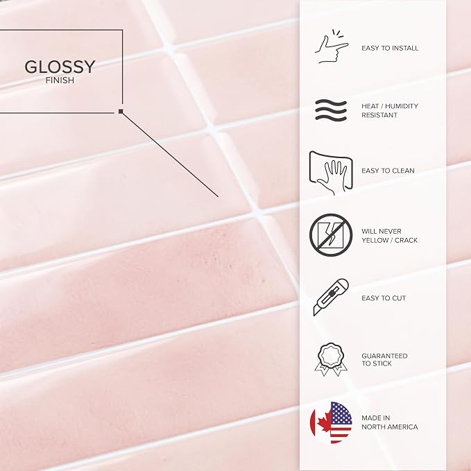 Smart Tiles Peel and Stick backsplash, Stacked Powder Pink, 11.43"x9" | Pack of 5 (3.5 sq ft), Glossy, Heat/Moisture Resistant, Low VOC, Kitchen/Bathroom, Renter Friendly, Made in Canada