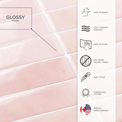 Smart Tiles Peel and Stick backsplash, Stacked Powder Pink, 11.43"x9" | Pack of 5 (3.5 sq ft), Glossy, Heat/Moisture Resistant, Low VOC, Kitchen/Bathroom, Renter Friendly, Made in Canada