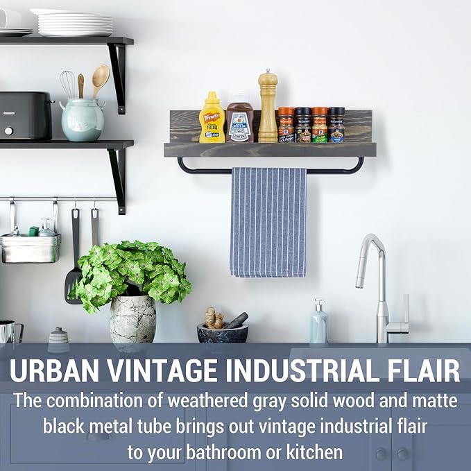 MyGift Bathroom Shelf with Towel Bar 22 Inch, Bath Towel Holder Rack Hanger, Wall Mounted Bathroom Display Storage Shelf, Vintage Weathered Gray Solid Wood with Industrial Metal Pipe