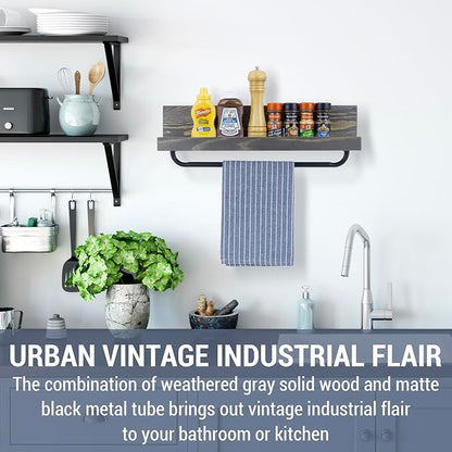 MyGift Bathroom Shelf with Towel Bar 22 Inch, Bath Towel Holder Rack Hanger, Wall Mounted Bathroom Display Storage Shelf, Vintage Weathered Gray Solid Wood with Industrial Metal Pipe