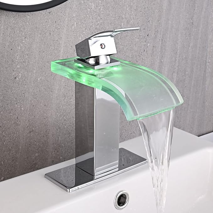 LED Bathroom Sink Faucet, Chrome Waterfall Single Hole Handle Vanity Faucets for Sinks 1 Hole with Metal Pop Up Drain and 2 Water Supply Lines, Wide Glass Spout