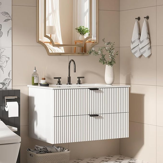 30" Bathroom Vanity with Sink Combo, Floating Vanity Bathroom Cabinet with Ceramic Basin, Soft-Close Function,Modern Wall Mount Sink Vanity for Guest or Master Bath