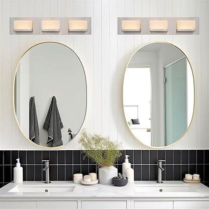 Kira Home Everett 24" Modern Integrated LED 3-Light Bathroom Vanity Light | 30W 3000K Warm White Light, Minimalist Bathroom Wall Sconce with Frosted Acrylic Blocks, Brushed Nickel Finish