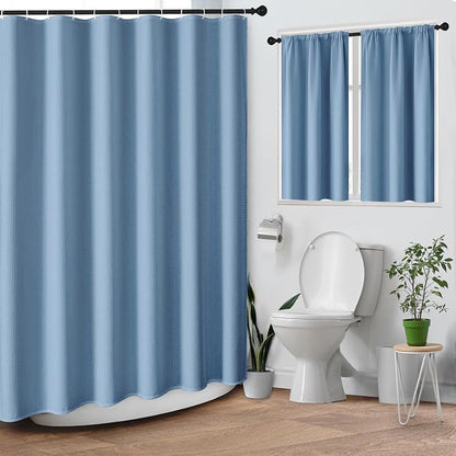 Shower Curtain Set, for Bathroom Decor 72" x 72", Modern Blue | Waffle Textured Solid Moonlight Waffle Textured Cloth Waterproof Matching Window Shower Curtain 36 x 30 Inches