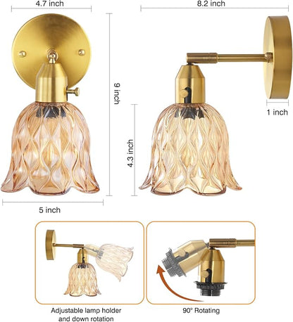 Vintage Wall Sconces Set of 2 - Hardwired Wall Lights with Amber Tulip Glass Shade,Brass Wall Lamps for Bathroom Bedroom Stairway Living Room Corridor(Bulbs Not Included,E26 Socket)