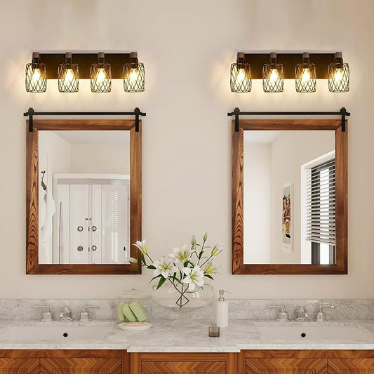 4-Light Farmhouse Bathroom Vanity Light, Wood Bathroom Lighting Fixtures Over Mirror, Black Bathroom Light Fixtures with Cage Metal Shade, Rustic Vanity Light with E26 Base