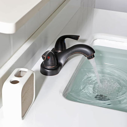 Oil Rubbed Bronze Bathroom Faucet 4 Inch Centerset for Lavatory Sink | Mid Arc, 2 Handle Lead-Free RV Bathroom Faucet with Metal Pop Up Drain Supply Lines, for 2 or 3 Hole Lavatory Utility Sink
