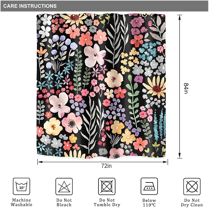 Extra Long Black Floral Watercolor Cute Plants Bathroom Shower Curtain Set | 72"W x 84"H Girly Boho; waterproof HD print, quick-dry fabric with 12 hooks for easy hanging.