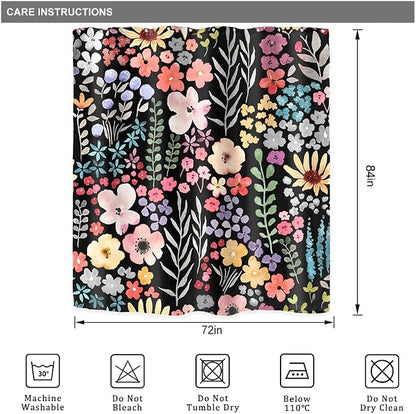 Extra Long Black Floral Watercolor Cute Plants Bathroom Shower Curtain Set | 72"W x 84"H Girly Boho; waterproof HD print, quick-dry fabric with 12 hooks for easy hanging.