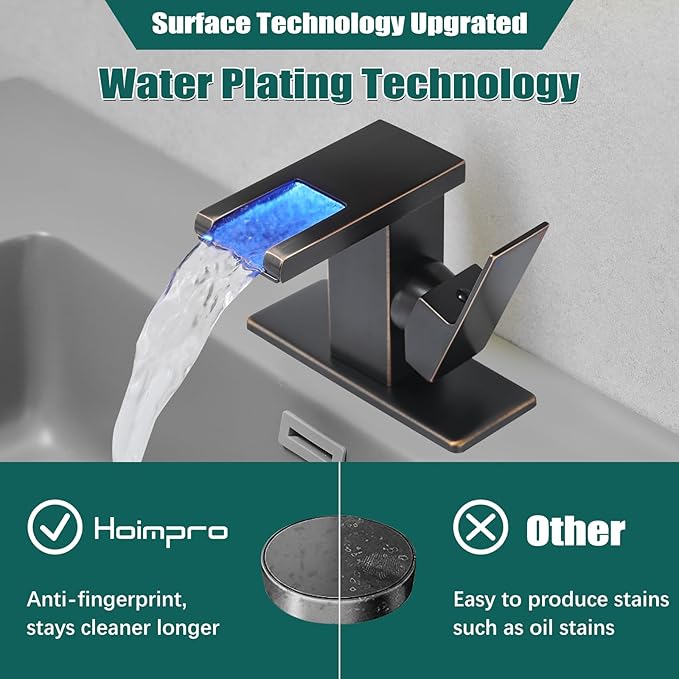 Hoimpro LED Waterfall Bathroom Faucet Oil Rubbed Bronze, Single Handle Bathroom Sink Faucet 1 Hole, 3 Colors Light Changing, with Pop-up Drain and cUPC Supply Lines, Stainless Steel