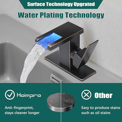 Hoimpro LED Waterfall Bathroom Faucet Oil Rubbed Bronze, Single Handle Bathroom Sink Faucet 1 Hole, 3 Colors Light Changing, with Pop-up Drain and cUPC Supply Lines, Stainless Steel