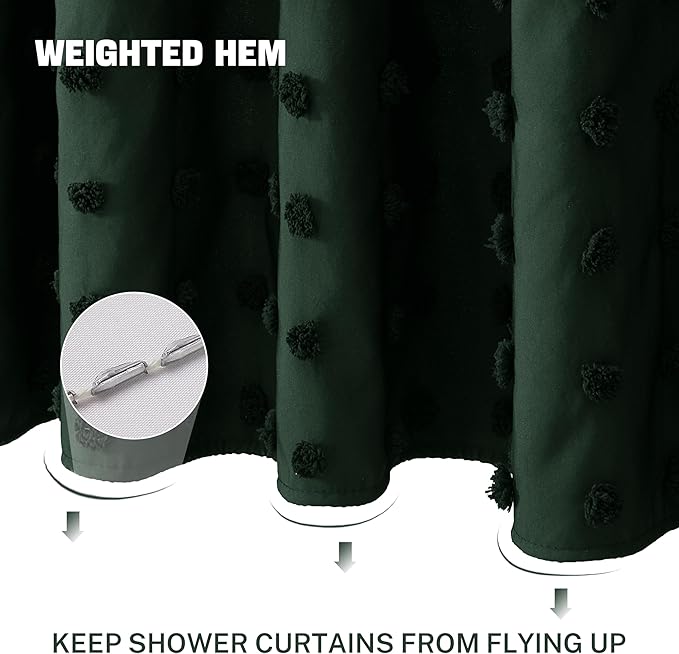 Extra Long Boho Farmhouse Shower Curtain Woven Fabric 84 Inch Dark Green Shower Curtain, 72 x 84 Tufted Pleat Floral Puffs Textured Modern Minimalist Hunter Green Shower Curtain Set for Bathroom