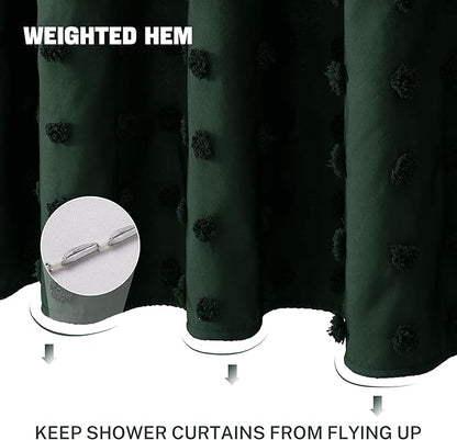 Extra Long Boho Farmhouse Woven Fabric Dark Green Shower Curtain, 72 x 78 Tufted Pleat Floral Puffs Textured Modern Farmhouse Minimalist Hunter Green Shower Curtain for Bathroom