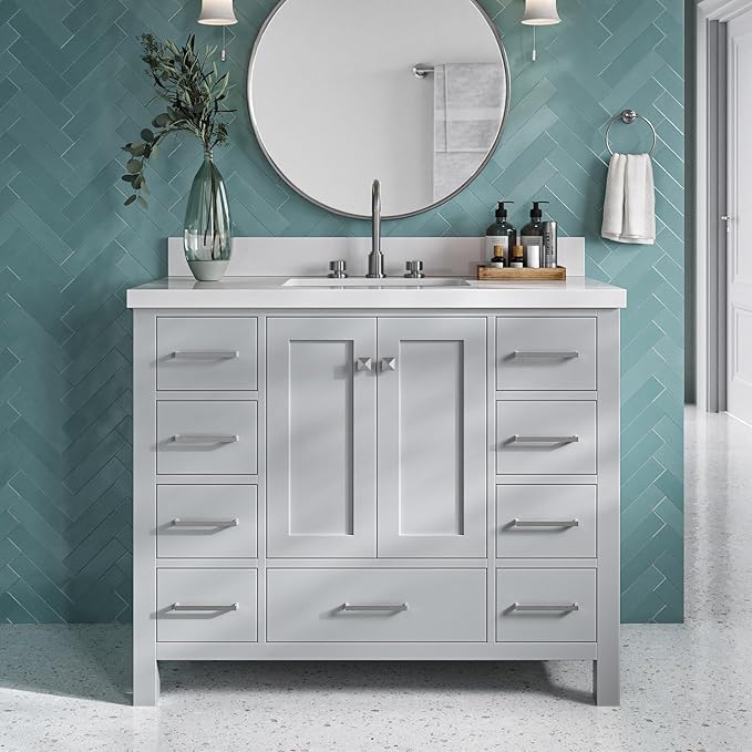 ARIEL Cambridge 42-inch Bathroom Vanity with Sink,Solid Wood, 1.5-inch Pure White Quartz Countertop & Backsplash, Single Rectangular Porcelain Sink, 2 Soft Closing Doors, 9 Dovetail Drawers, Grey
