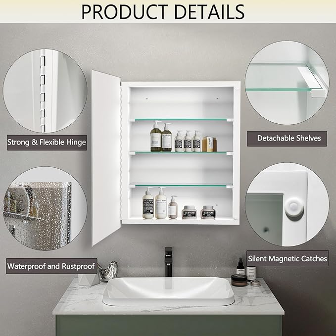 20"x20" Medicine Cabinet,HD Bathroom Mirror Cabinet with Beveled Mirror,Removeable Shelves, Recessed and Surface Mount,Frameless Bathroom Mirror with Storage