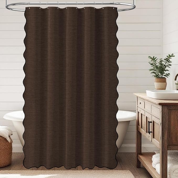 BTTN Small Shower Curtain, 54 Inch Boho Scalloped Linen Textured Heavy Duty Fabric Shower Curtain Set with 10 Hooks, Narrow Country Elegant Waterproof Fabric Shower Curtains for Bathroom, 54x72, Brown