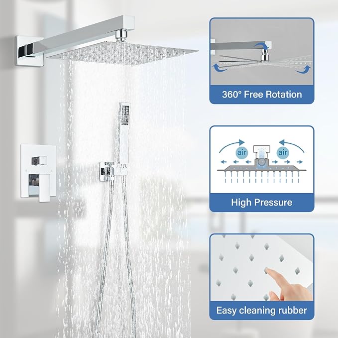 Shower Faucet Polished Chrome Shower System with 8 Inches Rain Shower Head and Handheld Spray Bathroom Luxury Rain Shower Faucet Set Complete Wall Mounted