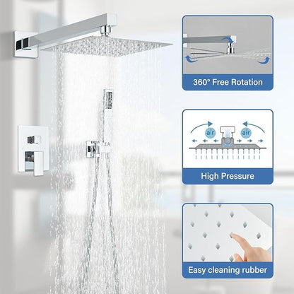 Shower Faucet Polished Chrome Shower System with 8 Inches Rain Shower Head and Handheld Spray Bathroom Luxury Rain Shower Faucet Set Complete Wall Mounted