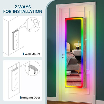 HNEBC Full Length Mirror with Storage, Wall Mounted Jewelry Cabinet with RGB Lights & Remote, Lockable Over Door Jewelry Organizer with Drawer, Foldout Makeup Tray 47.2" Hx14.5 Wx3.9 D, Natural
