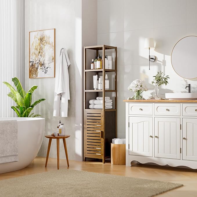 HITNET Bathroom Cabinet, Bamboo Floor Cabinet Freestanding Narrow Storage Unit with Removable Shelves, 6 Tier Tall Cabinet, Walnut
