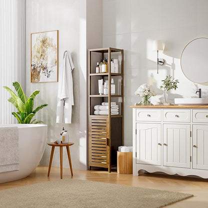 HITNET Bathroom Cabinet, Bamboo Floor Cabinet Freestanding Narrow Storage Unit with Removable Shelves, 6 Tier Tall Cabinet, Walnut