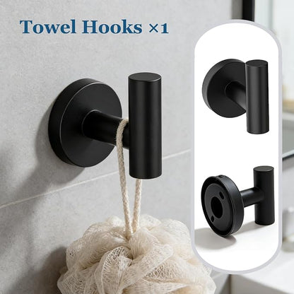 4-Pieces Wall Mount Bathroom Hardware Set,23.6 Inch Towel Bar,Matte Black | Stainless Steel Bathroom Accessories Set,Waterproof Towel Bar ,Toilet Paper Holder with Shelf,Towel Ring,Coat Hook,Rectangle